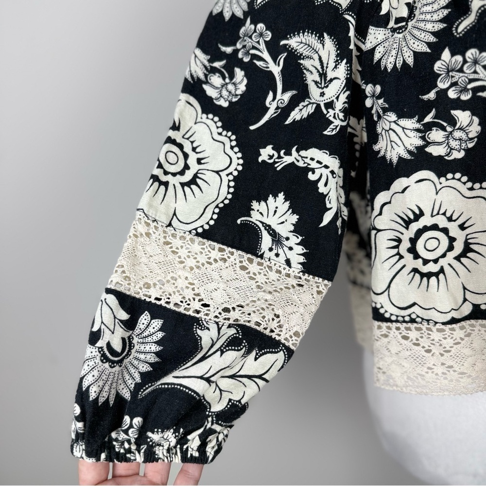 Calligraphie Women's Black and White Floral 3/4 Sleeve Boxy Blouse Size S - Picture 3 of 11